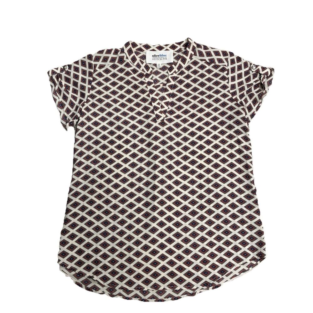 Alice Blue Stitch Fix Blouse- Women’s XS Retro Print Split Neck Short Sleeve